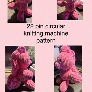 May include: A pink, plush Dino baby, a knitted dinosaur toy, is featured in multiple views. The text "22 pin circular knitting machine pattern" and "Dino baby" are displayed on a pink background. The toy has a textured appearance.