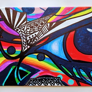 May include: Abstract painting on canvas with bold black lines, colorful stripes, and black and white geometric patterns. The painting features a rainbow of colors, including red, orange, yellow, green, blue, indigo, and violet.