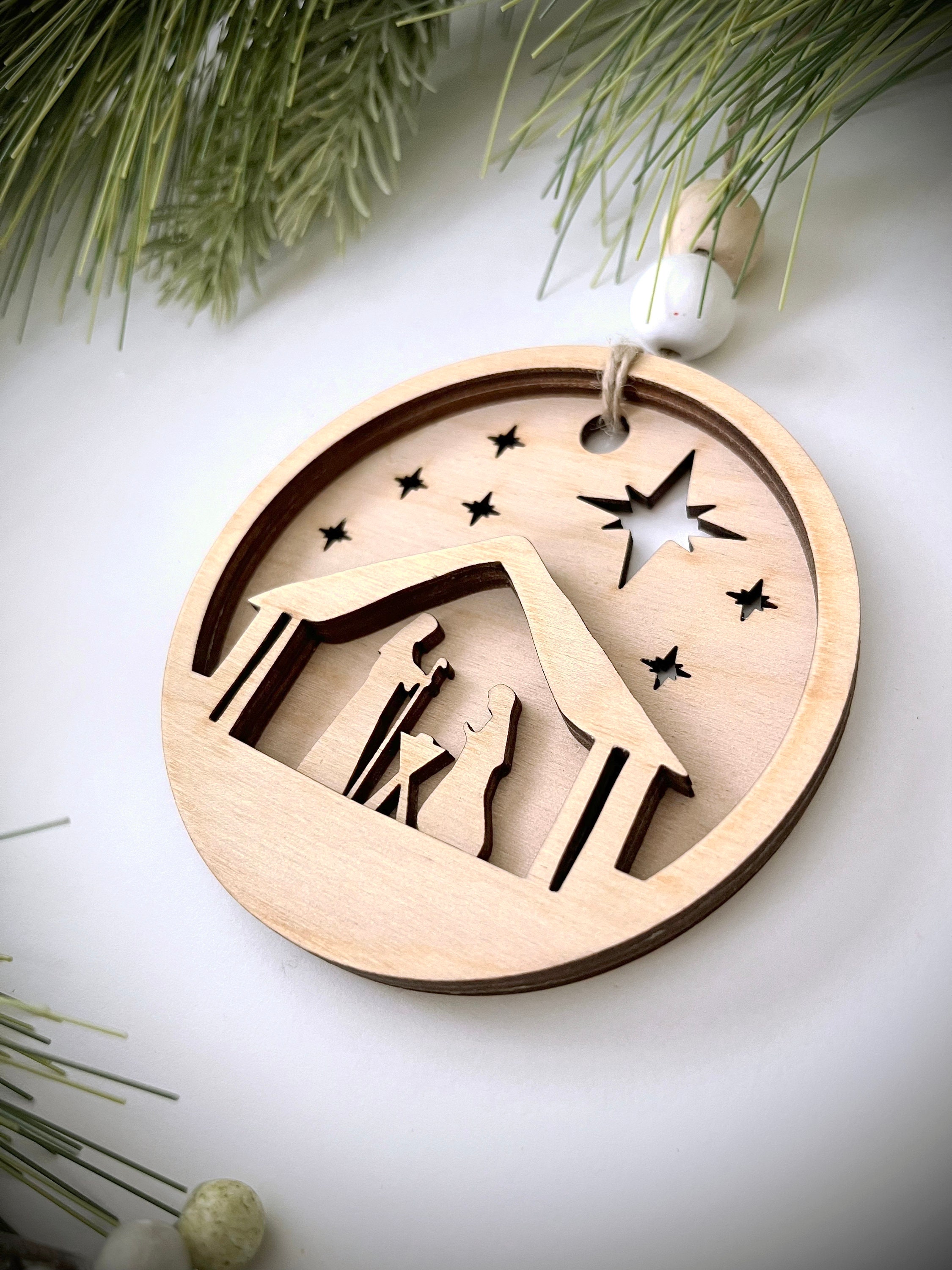 Layered Wooden Nativity Ornament 3 Piece Set Etsy