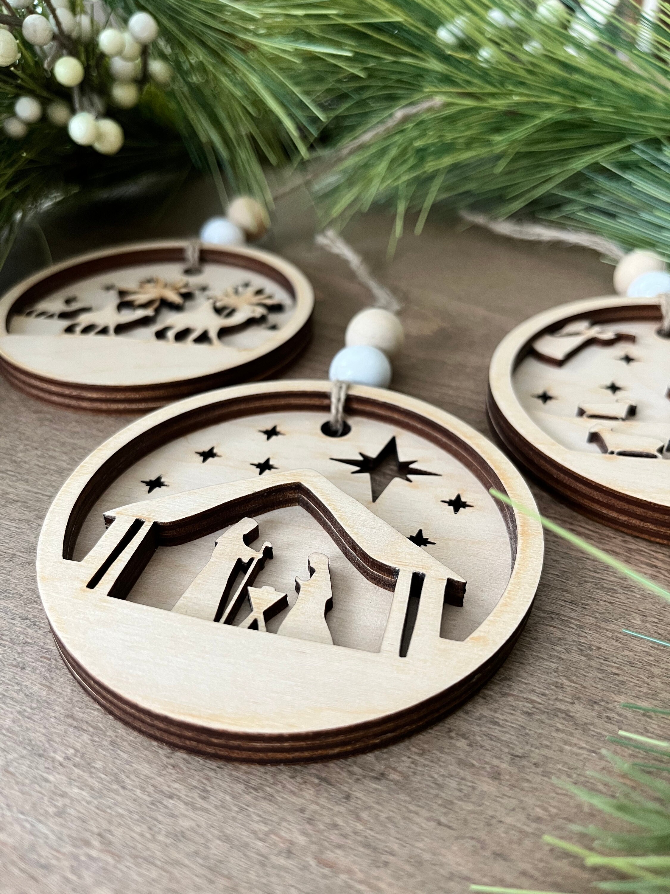 Layered Wooden Nativity Ornament 3 Piece Set Etsy