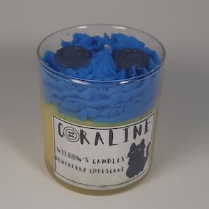 Coraline Candle. Blueberry cheescake scented. Soy Wax. Halloween Candles.