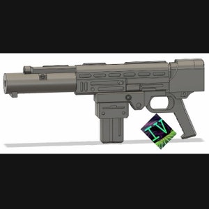 May include: A gray 3D printed model of a futuristic gun with a magazine and a handle. The gun has a black barrel and a textured surface.