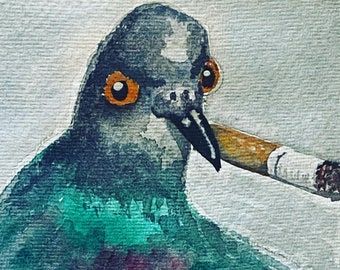 Fat Smoking Pigeon. Quirky Hand Painted Art. British Bird Lovers