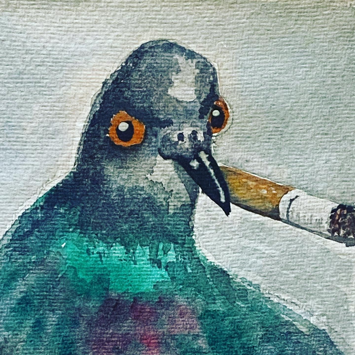 Fat Smoking Pigeon. Quirky Hand Painted Art. British Bird Lovers