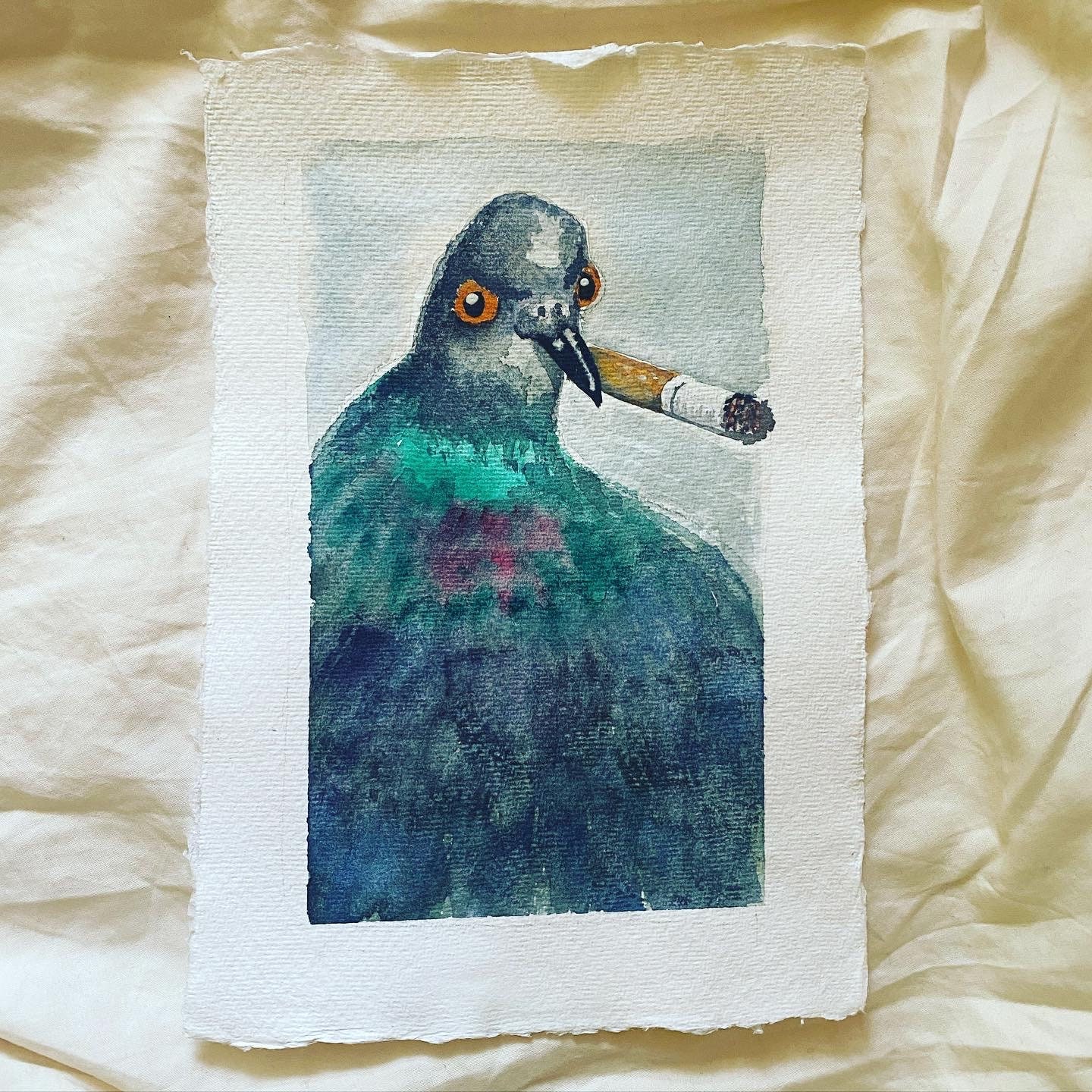 Fat Smoking Pigeon. Quirky Hand Painted Art. British Bird Lovers