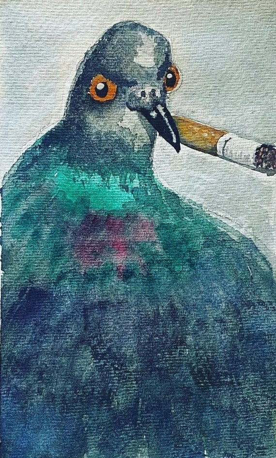 Fat Smoking Pigeon. Quirky Hand Painted Art. British Bird Lovers