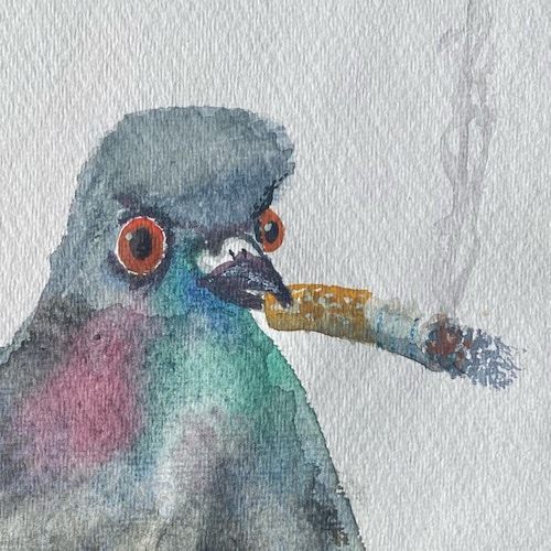 Fat Smoking Pigeon. Quirky Hand Painted Art. British Bird Lovers