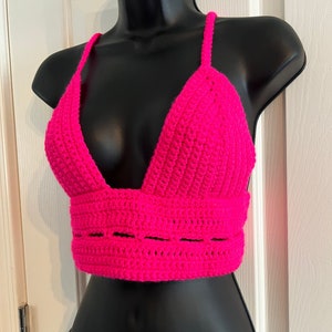 Hot Bright Neon Pink Peekaboo Crochet Crop Top w Matching Headscarf | Crocheted Festival Concert Shirt String Tie Summer Pink Boho EDM Rave