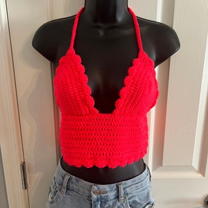 Hot Bright Fire Pink Halter Crochet Crop Top | Crocheted Festival Concert Shirt String Tie Summer Pink Boho EDM Rave | Corset Style Back Tie