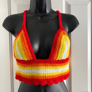 Multi-Color Sunny, Bright Crochet Crop Top | Crocheted Festival Concert Shirt with String Tie | Boho Hippie | Hot Rainbow | Rave Summer Top