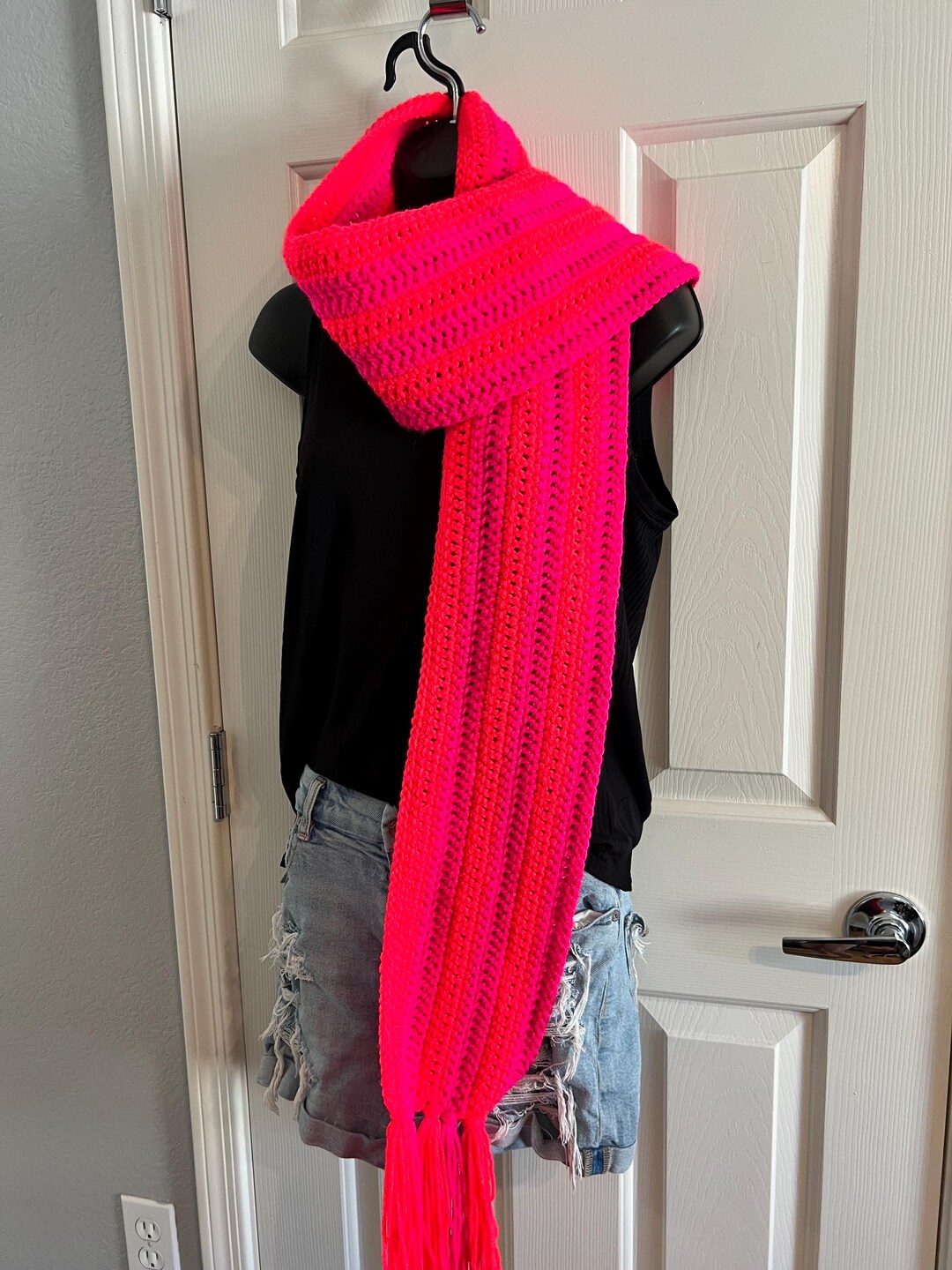 Hand, Crocheted Neon Glow in the Dark Hot Pink and Neon Coral Orange ...