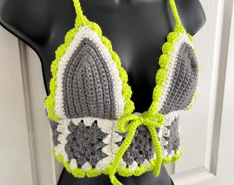 Granny Square Crochet Crop Top: Lime Green Bow Tie, Rave Festival Wear