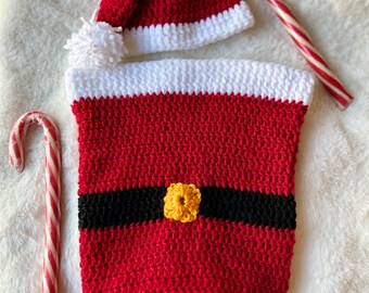 Baby Santa Cocoon | Christmas Infant Photo Shoot Prop Sack | Matching Santa Infant Hat | Ready to Ship