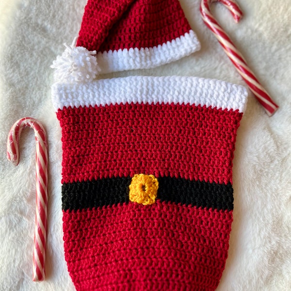Baby Santa Cocoon | Christmas Infant Photo Shoot Prop Sack | Matching Santa Infant Hat | Ready to Ship