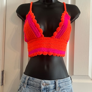 Neon, Bright Orange and Hot Pink Glow Crochet Crop Top | EDM Rave Crocheted Festival Concert Shirt with String Tie | Vivid Pink Neon Orange