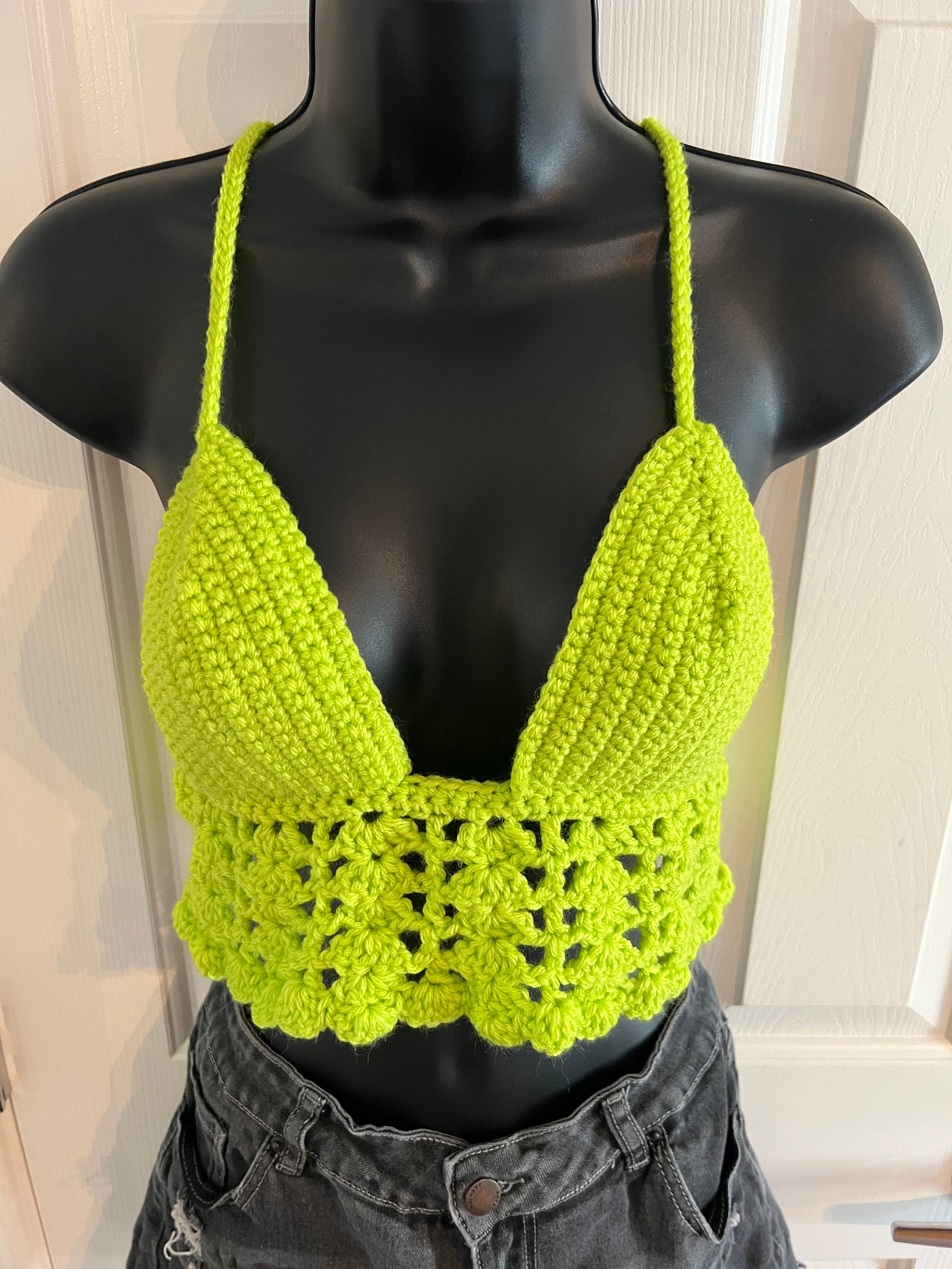 Green Rave Tops Neon, Bright Green Crochet Crop Top Crocheted Festival Concert Shirt ...