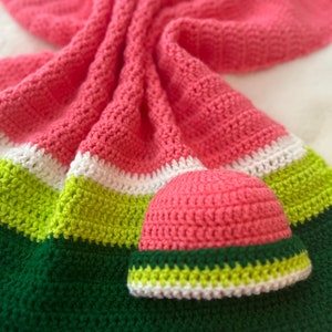 Watermelon Baby Blanket Infant Beanie Hat Set | Summer Seedless Watermelon Pink, White, Lime Green and Dark Green “Rind” | Watermelon Baby