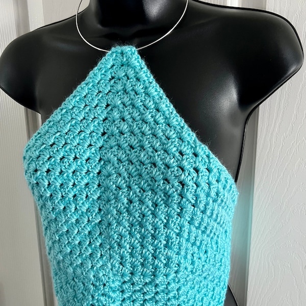 Crocheted, Diamond Tie Top | Silver, Metal Necklace | Turquoise, Teal Blue Color | Crocheted Festival Concert Shirt with String Tie | Boho
