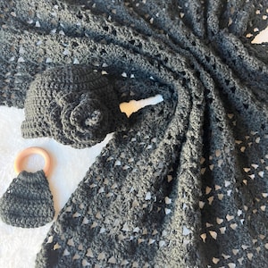 Goth, Jet Black Baby Blanket and Infant Beanie Cap Crocheted Rose | Witchy Baby Goth | Goth Baby Shower | Gothic Baby Nursery | Pitch Black
