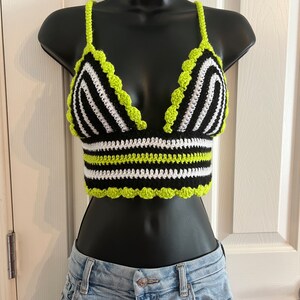 Beetlejuice Inspired Crop Crochet Tie Top | Black and White with movie Lime Green | Beetlejuice Halloween Costume Cosplay Crocheted Shirt