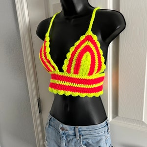 Neon, Bright Safety Yellow and Hot Pink Glow Crochet Crop Top | EDM Rave Crocheted Festival Concert Shirt String Tie | Vivid Hot Pink Yellow
