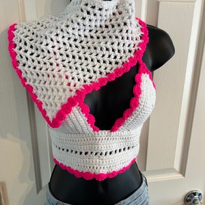 Hot Bright Neon Pink and Bright White Peekaboo Crochet Crop Top w Matching Headscarf Crocheted EDM Festival Concert Shirt String Tie Summer