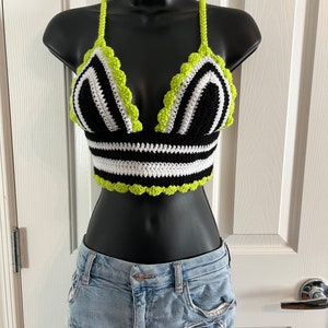 Beetlejuice Inspired Crop Crochet Tie Top | Black and White with movie Lime Green | Beetlejuice Halloween Costume Cosplay Crocheted Shirt