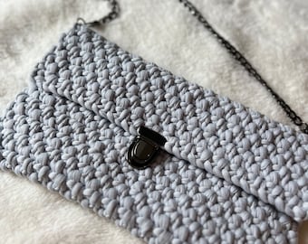 Crocheted Gray Clutch Purse: Handmade Bag with Black Chain