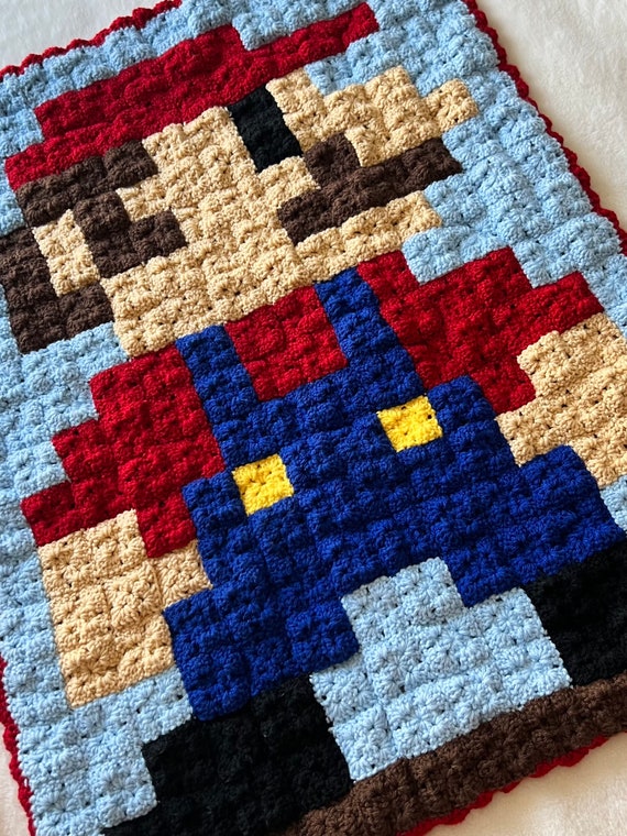 Handmade Mario and Luigi Crocheted Baby Blanket Pixel Style