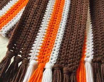 Hand Crocheted Football Scarf: Browns Colors, Extra Wide, Ohio Fan