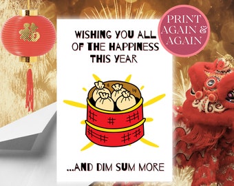 Chinese New Year Card Printable | Funny Lunar New Year card | Dim sum Chinese culture | Happy Lunar New Year 2024 | Year of the Dragon