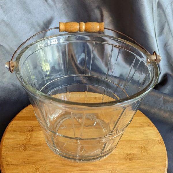 Vintage MCM Anchor Hocking Glass "Apple Basket" Ice Bucket with Original Wood and Wire Handle.