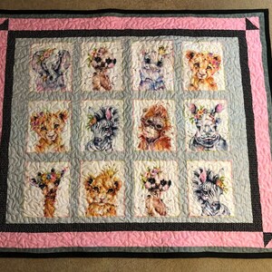 Baby Toddler Handmade Crib Quilt Jungle Babies Wild Animals Babies Flowers on Heads