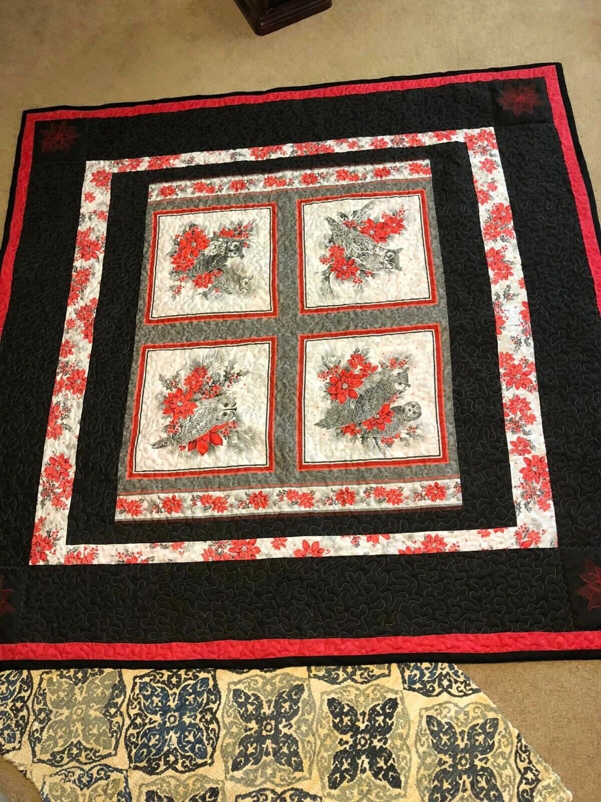 Owls & Poinsettias Embroidered Handmade Quilt 70 x 70 inches