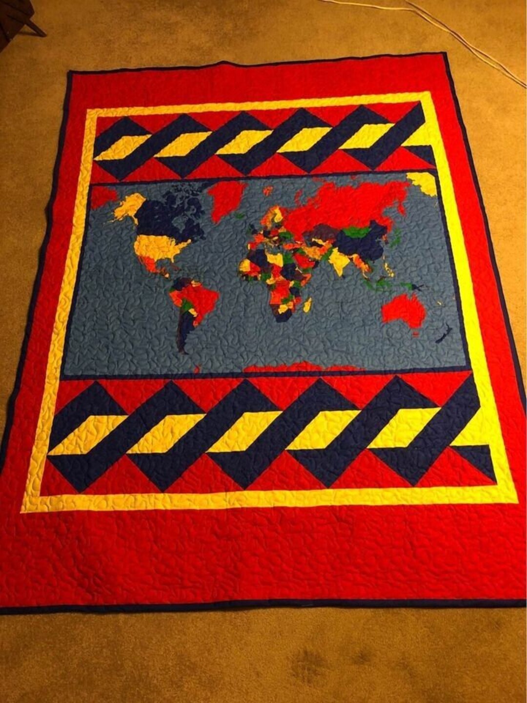 World Map Quilt Large Twin Size 66 X 89 Inches Royal Blue Red Yellow - Etsy