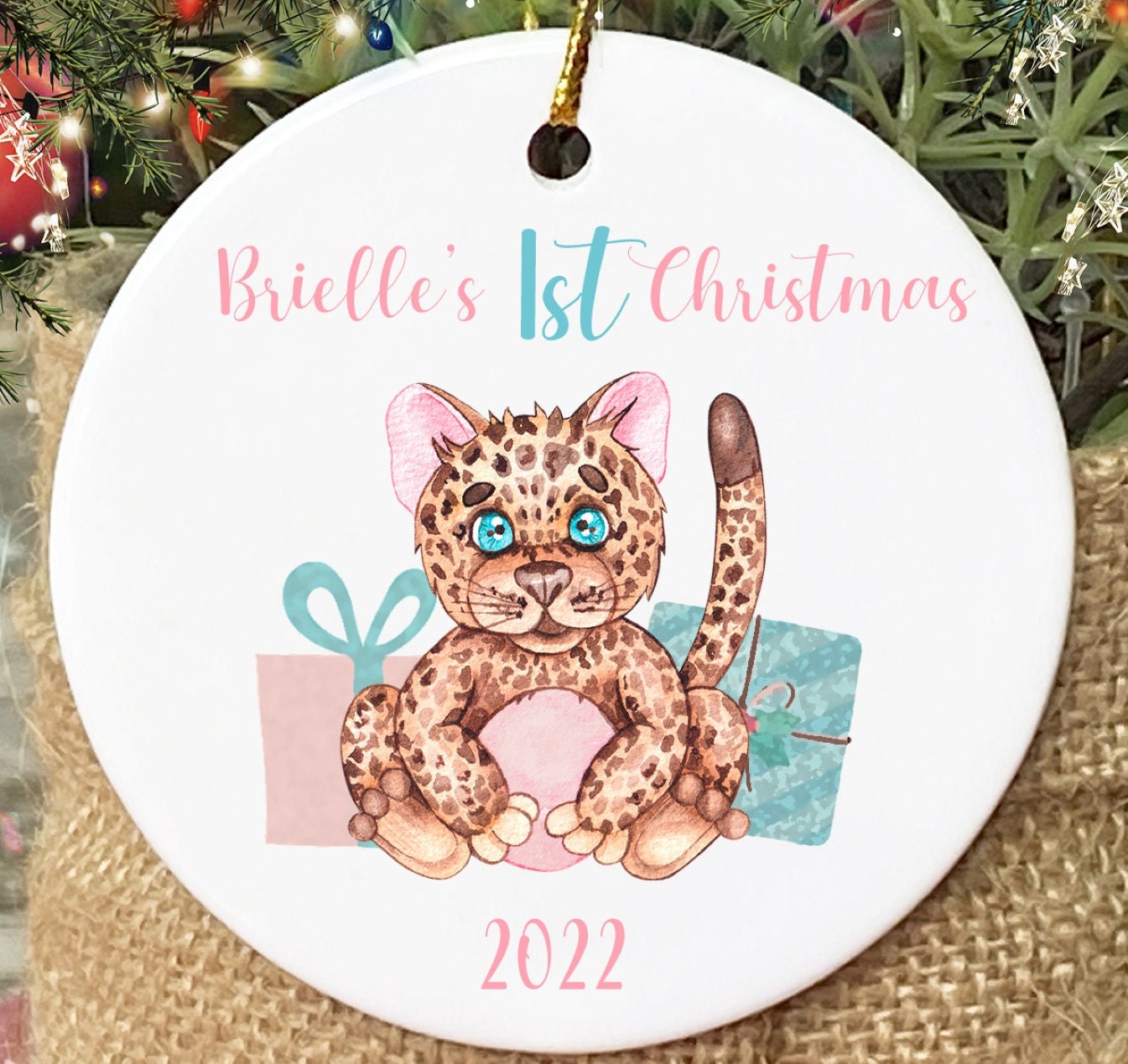 Baby's First Christmas personalized  Ornament with a baby leopard, Baby Gift