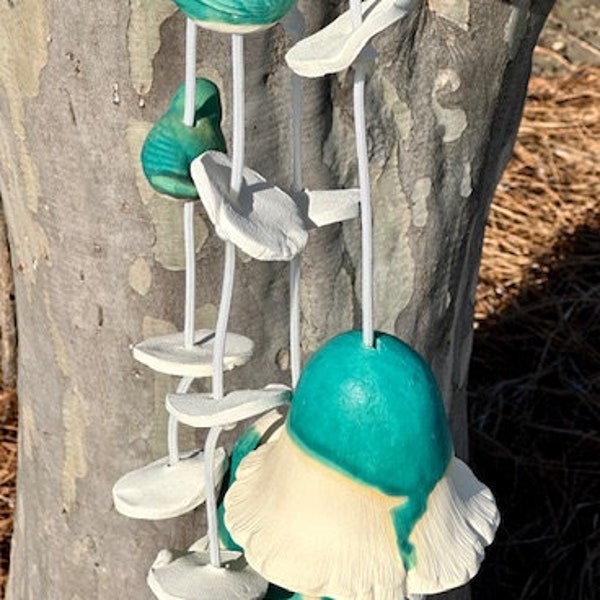 Wind Chime 2 Mushrooms and 2 Birds*Turquoise* Poor House Pottery***FOUR STRAND***Bereavement-Mom-Friend-Wedding--Mothers Day-Happy-Birthday!