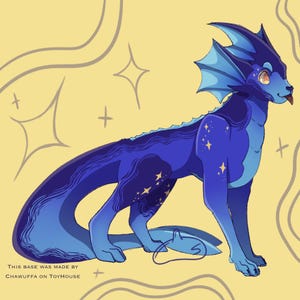May include: A digital illustration of a blue and navy creature with star accents. The creature has fin-like ears and a long tail. Text at the bottom reads "THIS BASE WAS MADE BY CHAWUFFA ON TOYHOUSE". The background is yellow with star and swirl designs.