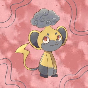 Puede incluir: Ilustración de una criatura de estilo caricatura con cuerpo amarillo, detalles grises y cabeza en forma de nube. La criatura tiene orejas grandes, cola de rayo y ojos rojos. El fondo es rosa con un patrón de puntos y líneas onduladas.
