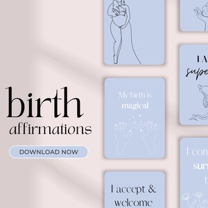 Cartes d'affirmation de la naissance, 44 cartes numériques bleues, imprimables, affirmations de l'accouchement par hypnose, téléchargement immédiat