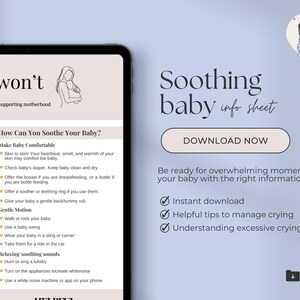 Puede incluir: Una hoja de información descargable digital con fondo azul y texto blanco. El título es "Soothing Baby Info Sheet". El texto incluye "Descargar ahora", "Descarga instantánea", "Consejos útiles para controlar el llanto" y "Entender el llanto excesivo".
