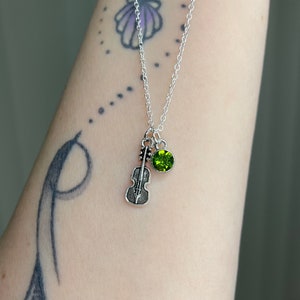 Guitar Charm Necklace- Violin, Music, Instrument, Green, Gift, Silver, 20 Inch