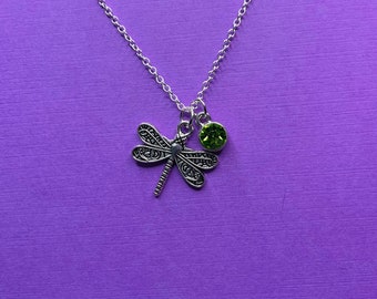 Dragonfly Charm Necklace- Green, Gift, Silver, 20 Inch
