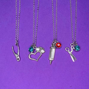 Charm Necklace - Pliers, Blue, Nurse Hat, Heart, Red, Syringe, Scissors, First Aid, Doctor, Gift, Silver, 18 Inch