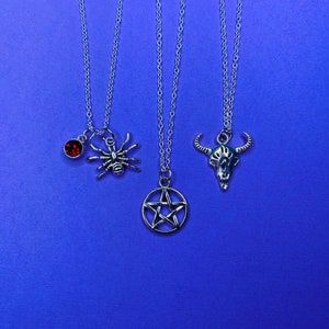 Charm Necklace- Spider, Red, Pentagram, Skull, Gift, Silver, 20 Inch