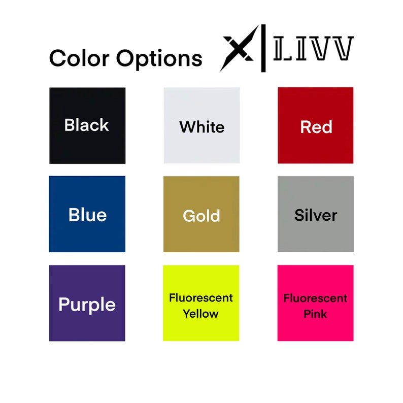 Peut inclure: Options de couleurs pour un produit, pr&eacute;sent&eacute;es sous la forme de neuf carr&eacute;s de couleur. Les couleurs sont le noir, le blanc, le rouge, le bleu, l'or, l'argent, le violet, le jaune fluorescent et le rose fluorescent.