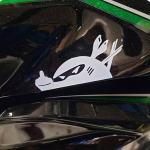 May include: A white vinyl sticker of a cartoon creature with a black eye mask and a middle finger, on a black and green motorcycle fairing.