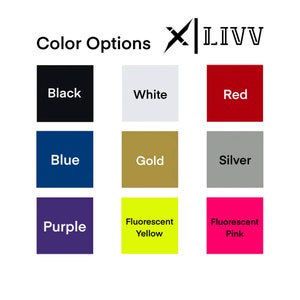May include: Color options for a product, shown as nine colored squares. The colors are black, white, red, blue, gold, silver, purple, fluorescent yellow, and fluorescent pink.