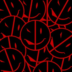 May include: A repeating pattern of red and black smiley faces with a sinister expression. The faces are outlined in red and have a single red line down the middle.