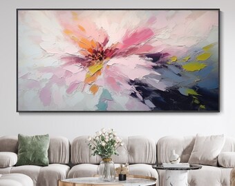 Colorful Canvas Flower Thick Paint Texture Art Painting Pink Floral Plant Wall Decor 100% Original Hand Landscape Oil Painting Boho Decor